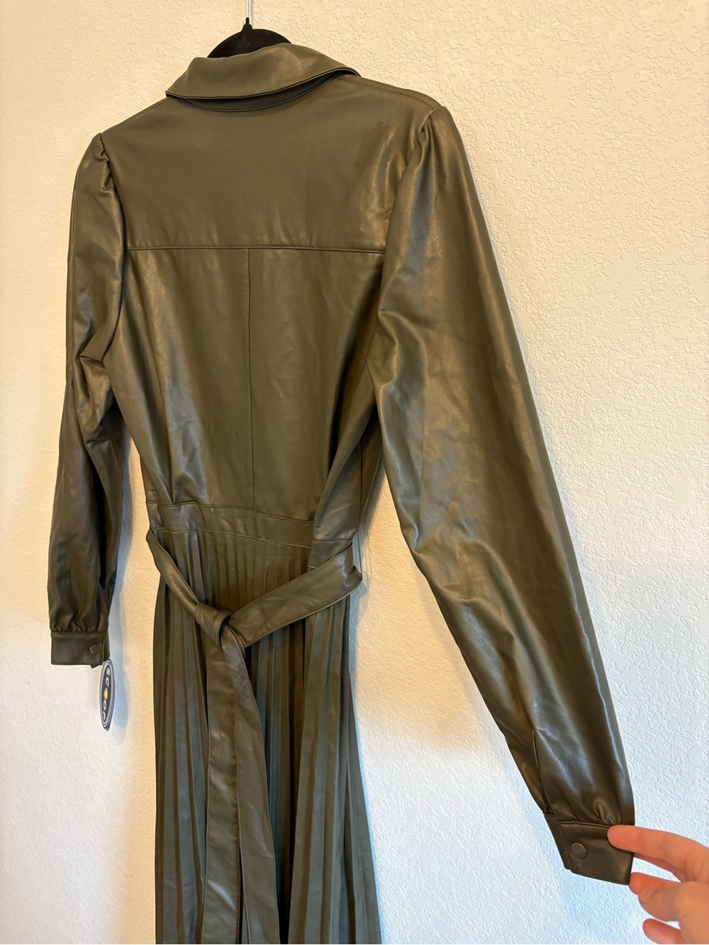 Faux Leather Pleated MIDI Dress Olive Green Chic Small NWT - Picture 12 of 15